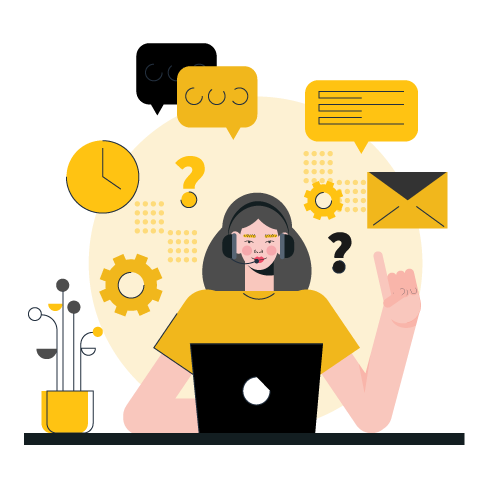 Support agent with headset using laptop, surrounded by chat, email, and gear icons
